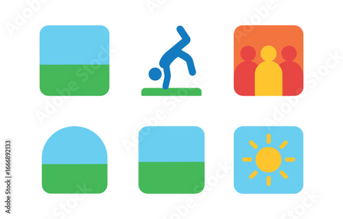 vector colorful flat filled icons rhythmic tumbling (outdoor): grassy field blue sky handspring crowd open space sunlight.