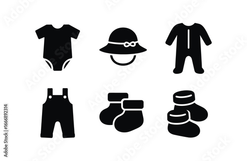 vector solid black filled icons toddler phase (clothing): onesie romper sun hat footed pajamas bib overall soft booties.