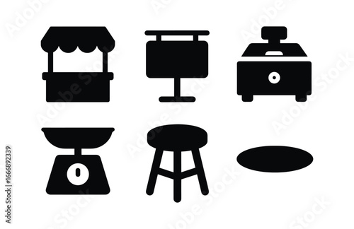 vector solid black filled icons open air market (vendor stall): canopy pole signboard cash box scale pan stool seat shadow smear.