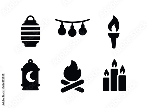 vector solid black filled icons moonlight gathering (lighting): paper lantern string lights torch flame moonlit lamp campfire ember candle cluster.