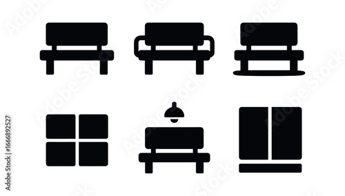 vector solid black filled icons train station platform (waiting bench): bench silhouette armrest shadow smear light rim floor tile wall panel.