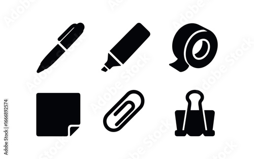 vector solid black filled icons notebook planner (stationery): gel pen highlighter washi tape sticky note paper clip binder clip.
