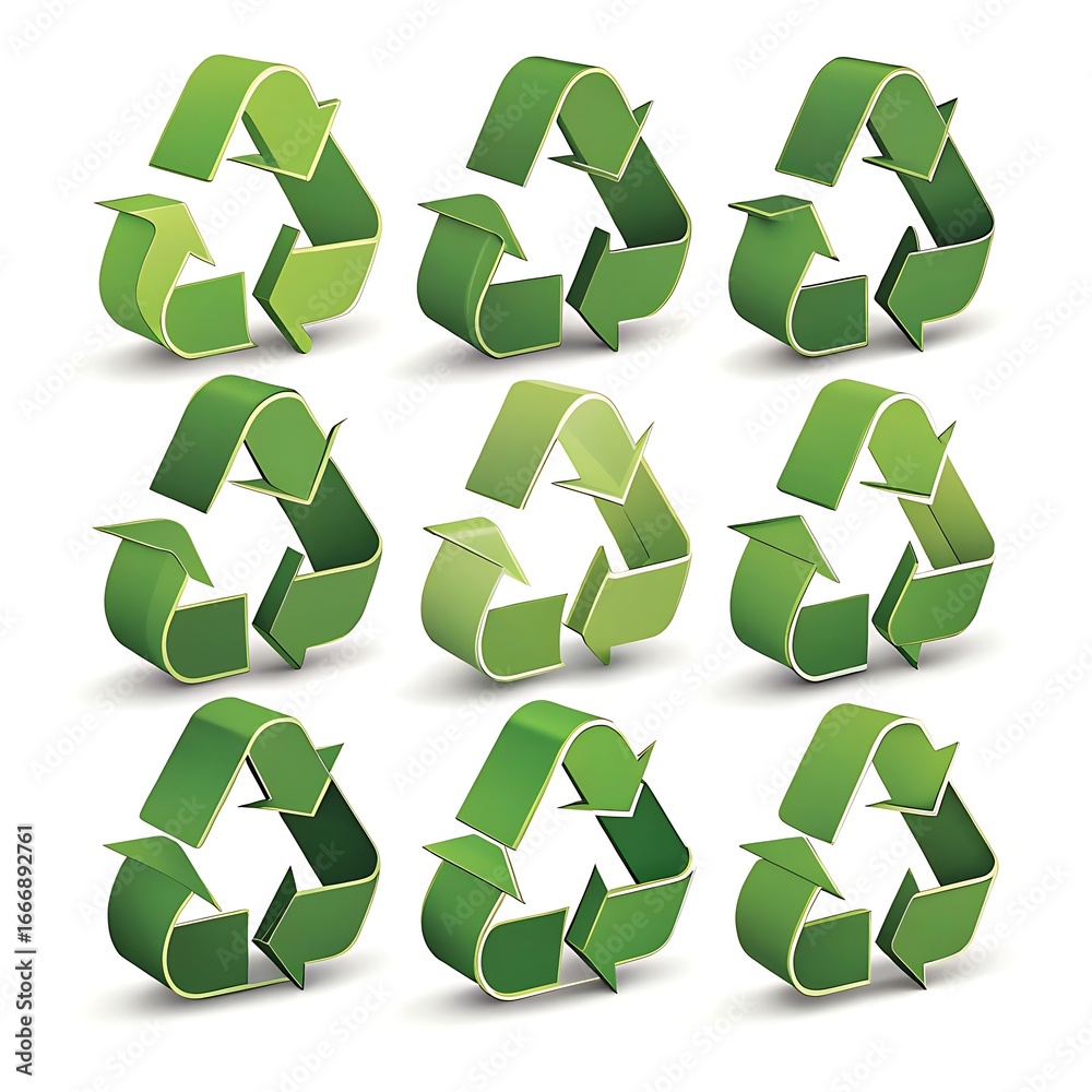 Obraz premium Collection of nine green recycling symbols with arrows in a grid pattern