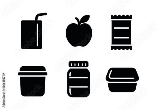 vector solid black filled icons kids lunchbox (juice box): juice pack straw straw fruit icon wrapper fold container edge highlight rim.