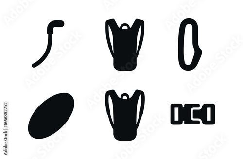 vector solid black filled icons trail running (hydration pack): water tube pack outline tube clip shadow smear highlight rim strap buckle.