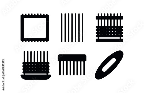 vector solid black filled icons basket weaving (loom frame): frame outline warp strings shadow smear highlight rim shed line shuttle icon.