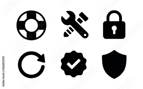 vector solid black filled icons vulnerability (security patch): lifebuoy icon fix bolt lock icon update arrow check badge shield seal.