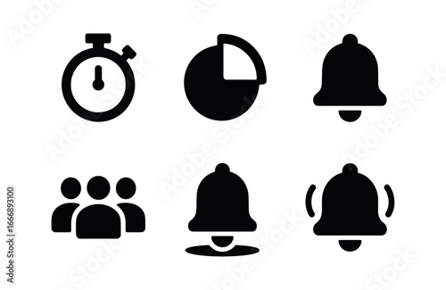 vector solid black filled icons team stand up meeting (timer alert): timer icon countdown numbers bell icon shadow smear light rim line arc.