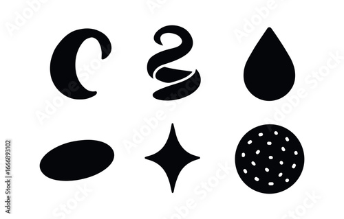 vector solid black filled icons zest (citrus twist): lemon curl peel spiral juice droplet shadow smear light glint rind texture.