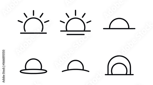 vector outline icons crisp air season (morning sun): sun half ray lines horizon arc shadow smear highlight rim sky gradient.