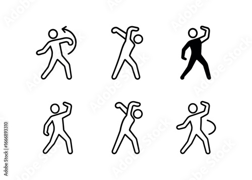 vector outline icons street dancing (waacking pose): arm spin wrist flick silhouette line shadow smear highlight rim motion curve.