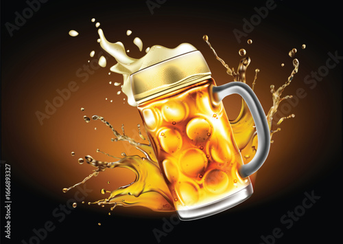 Traditional mug of beer with droplets of moisture. Highly realistic illustration with the effect of transparency.