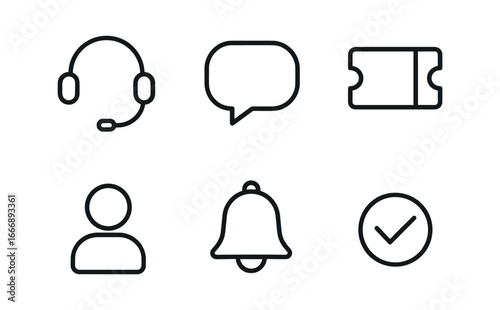 vector outline icons e commerce order management (customer support): headset icon chat bubble ticket icon user silhouette bell checkmark.