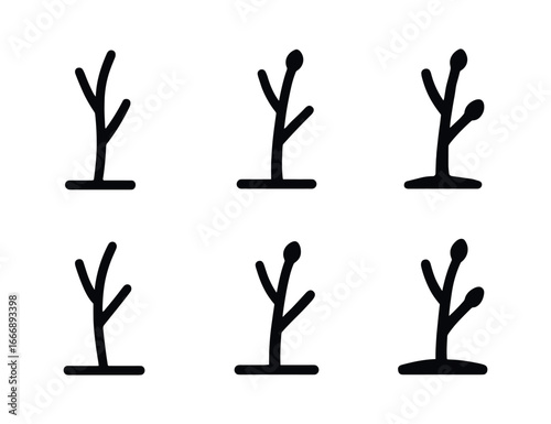 vector solid black filled icons waning season (bare branch): twig outline bud dot shadow smear highlight rim light accent ground line.