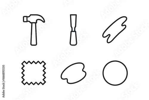 vector outline icons Artisan market (craft tools): hammer icon carving chisel brush stroke cloth swatch shadow smear highlight rim.