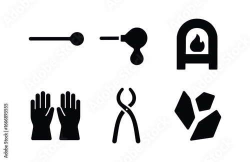 vector solid black filled icons craft training (glasswork): blowpipe molten glass furnace gloves tongs colored shards.