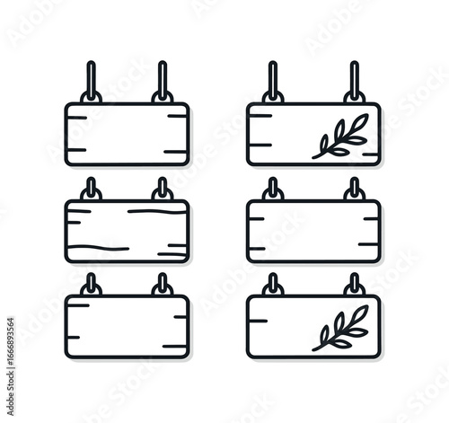 vector outline icons Artisan market (signboard): wooden sign chalk letters hanging rope shadow smear highlight rim leaf sprig.