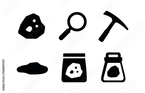 vector solid black filled icons Volcanologist (rock sample): rock fragment hand lens tool pick shadow smear highlight rim sample bag.