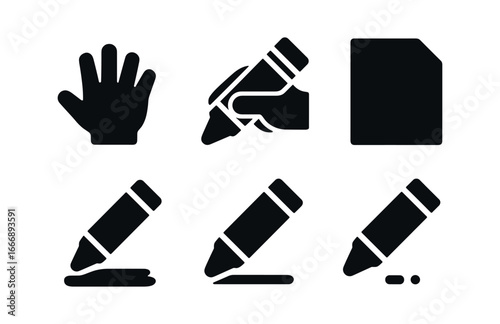 vector solid black filled icons crayon box (child hand): small hand crayon grip paper sheet shadow smear highlight rim motion dot.