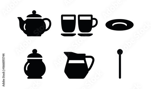vector solid black filled icons tea set on table (glass service): glass teapot double wall glass cups clear saucers glass sugar jar glass milk creamer glass stirring stick.