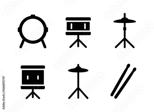 vector solid black filled icons rock concert stage (drum kit): bass drum snare drum hi hat tom tom cymbal stack drumsticks.