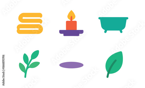 vector colorful filled icons candlelit bath (towel stack): folded towels shelf edge candle flame tub silhouette shadow smear leaf sprig.