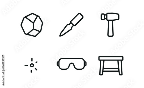 vector outline icons Gem cutter (rough stone): boulder outline chisel tip hammer head dust speck safety goggles workbench.