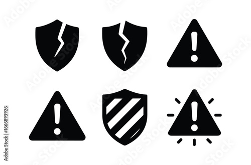 vector solid black filled icons vulnerability (shield breach): crack line broken shield warning triangle exclamation dot hazard stripe alert glow.