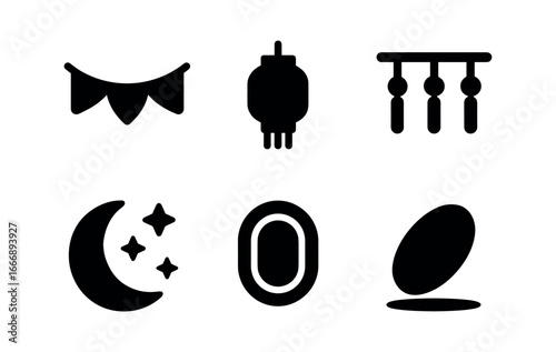 vector solid black filled icons lantern lit parade (festival banners): banner arc lantern line tassel drops night sky glow rim shadow smear.