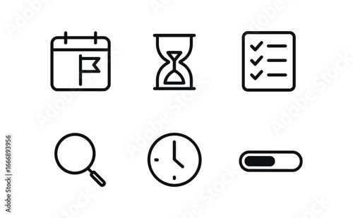 vector outline icons First job phase (probation): calendar flag hourglass checklist magnifier clock face progress bar.