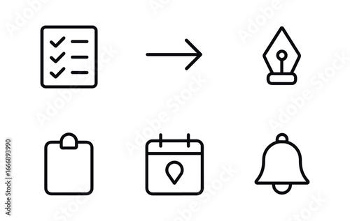 vector outline icons weekly team sync (action items): checklist arrow bullet pen tip clipboard calendar pin bell icon.