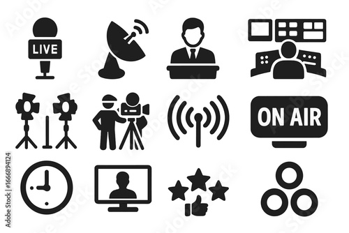 Broadcast Media Icons. Solid style icons of broadcast media: live mic icon, satellite dish, news anchor, control room, studio