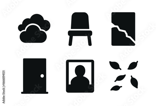 vector solid black filled icons discomfort (emotional tone): gray clouds empty seat torn page closed door faded photo scattered leaves.