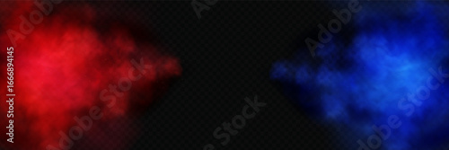 Red and blue neon smoke on dark background, realistic fog overlay for dramatic sport versus concept, perfect for MMA or boxing fight poster design.
