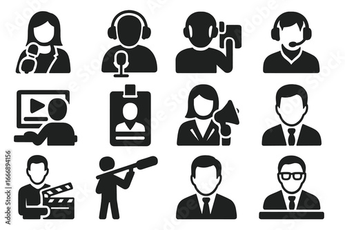 Media Role Icons. Solid style icons of media personalities and roles: TV host icon, radio DJ, cameraman, sound engineer, video