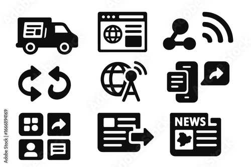 News Distribution Icons. Solid style icons of news distribution and reach: delivery van with paper, website traffic icon,
