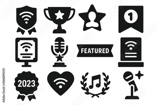 Podcast Awards Icons. Solid style icons of podcast awards and achievements: top podcast badge, listener choice trophy, host