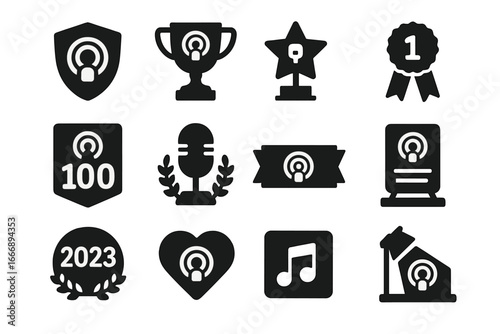 Podcast Awards Icons. Solid style icons of podcast awards and achievements: top podcast badge, listener choice trophy, host