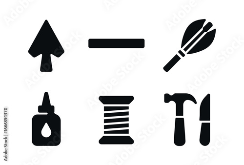 vector solid black filled icons fletcher (close up): arrowhead wooden shaft tied fletching glue marks thread hand tools.