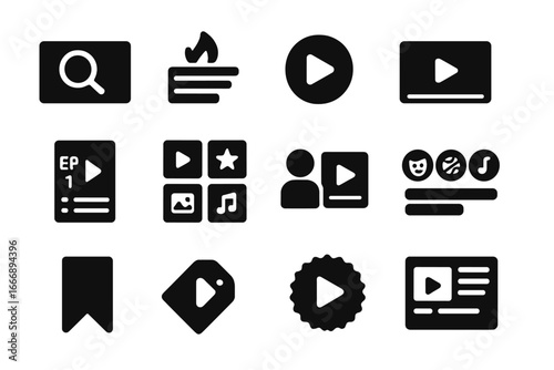 Video Library Icons. Solid style icons of video on demand libraries: search video catalog icon, trending list, new release badge,