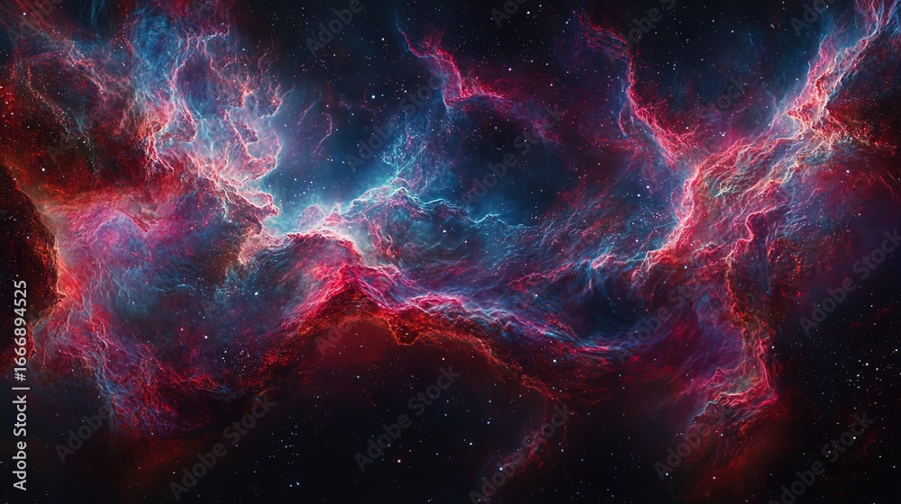 Fototapeta premium Cosmic Nebula with Vivid Red and Blue Hues in Deep Space