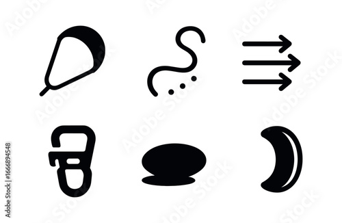 vector solid black filled icons Snowkiting (kite loop): loop arc snow trail wind arrows harness clip shadow smear highlight rim.