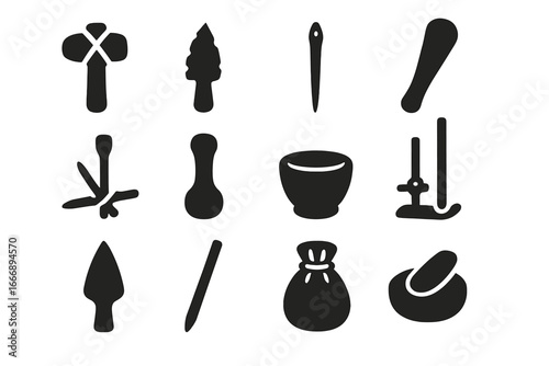 Ancient Tools Icons. Solid style icons of ancient tools: stone axe, flint knife, bone needle, wooden club, fire plough, pestle,