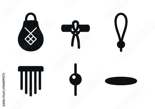 vector solid black filled icons macrame (pouch design): pouch outline toggle knot strap loop fringe end bead accent shadow smear.