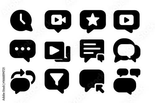 Video Comment Icons. Solid style icons of video comment threads: time-stamped comment, video reply, highlight comment, playback