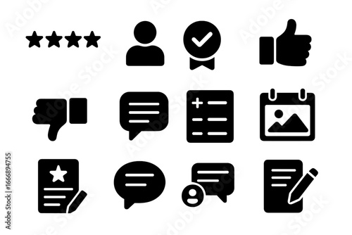 Product Review Icons. Solid style icons of product reviews: star rating, customer review, verified buyer badge, thumbs up, thumbs