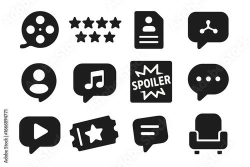 Movie Review Icons. Solid style icons of movie reviews: film reel, rating stars, critic review, plot feedback, actor performance,