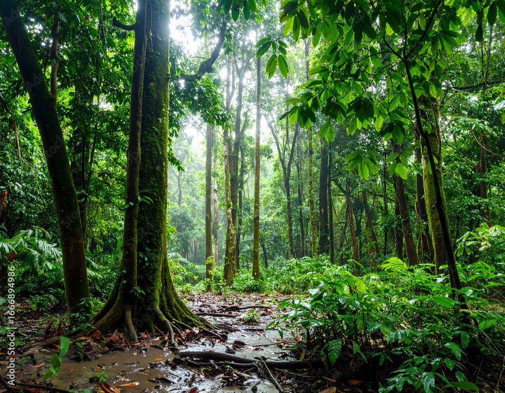 Obraz premium Dense tropical forest trees sunlight path verdant landscape natural environment