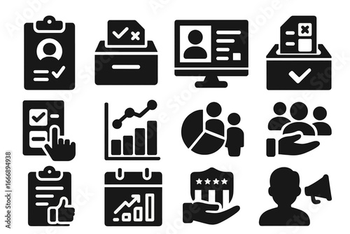 Political Survey Icons. Solid style icons of political surveys: voter opinion, election prediction, candidate rating, issue stance