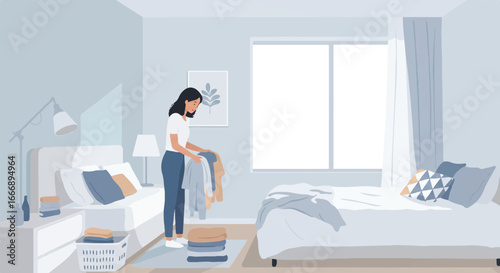 A flat illustration depicts a person diligently folding fresh laundry in a bright, clean, and minimalist bedroom, emphasizing a sense of calm domesticity.